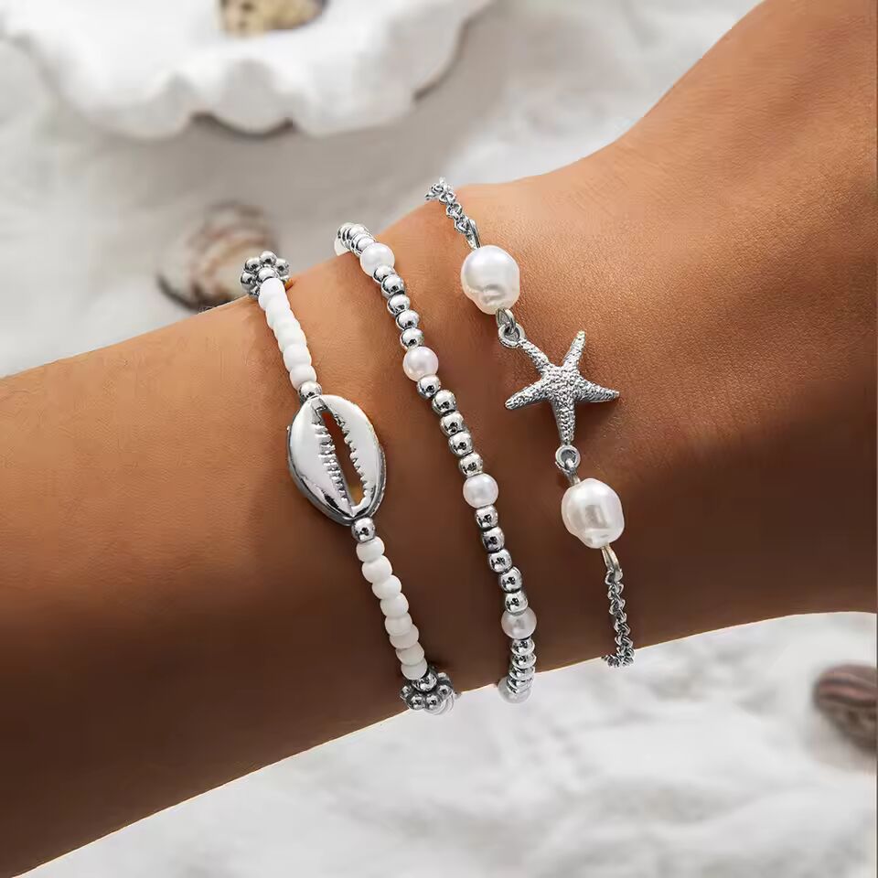 3 Pcs Bohemia Summer Shell Bracelet Set For Women Gold Silver Color Starfish Charm Pearl Chain Bangle Beach Vacation Jewelry