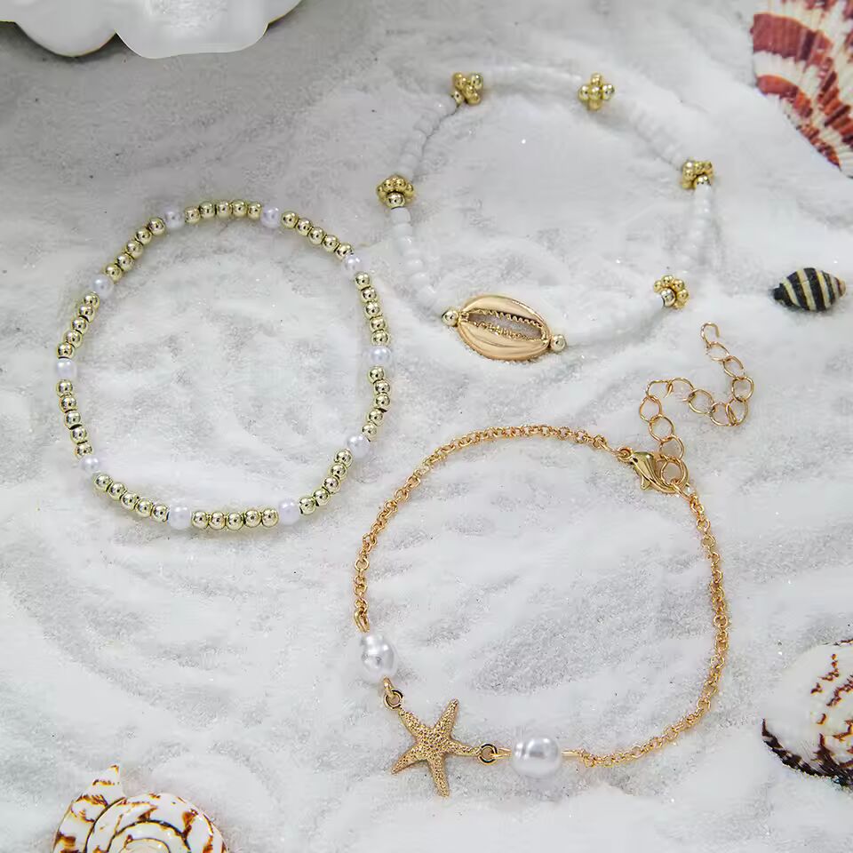 3 Pcs Bohemia Summer Shell Bracelet Set For Women Gold Silver Color Starfish Charm Pearl Chain Bangle Beach Vacation Jewelry